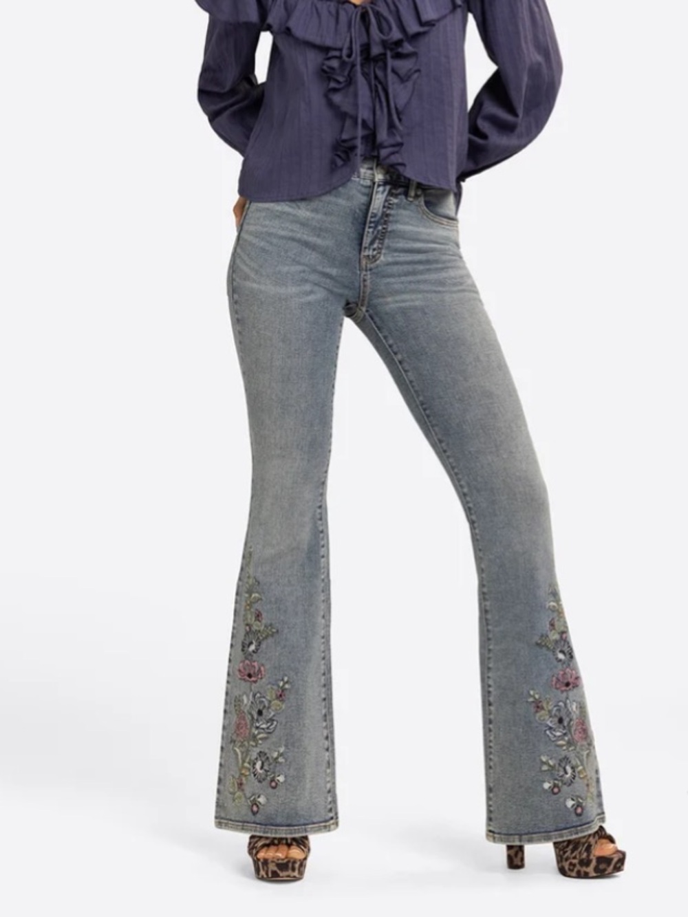 Jessica Simpson High-Rise Embroidered Hollywood Flare Jeans - Light Blue